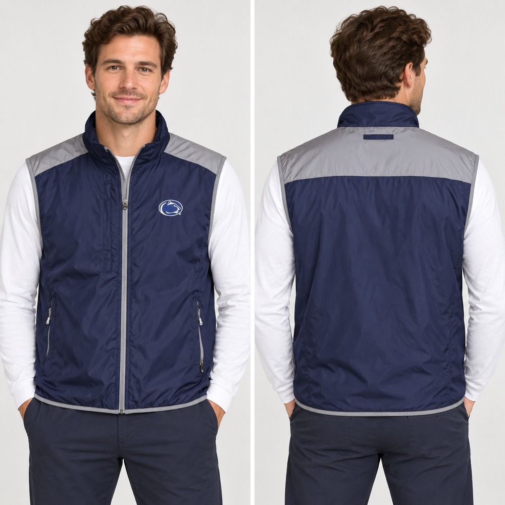 Penn State Nittany Lions Puffer Vest Mens L Navy Blue Grey Full Zip Gameday